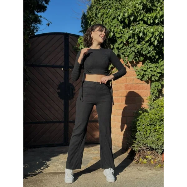 Kadın Yandan Bağlamalı Geniş Paçalı Fitil Kaşkorse İkili Takım