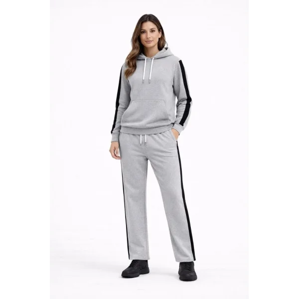 KADIN Yandan Şeritli Eşofman Takım Kapüşonlu Sweatshirt Boru Paça Alt, Oversize 3 iplik Pamuklu - Gri