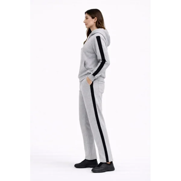 KADIN Yandan Şeritli Eşofman Takım Kapüşonlu Sweatshirt Boru Paça Alt, Oversize 3 iplik Pamuklu - Gri