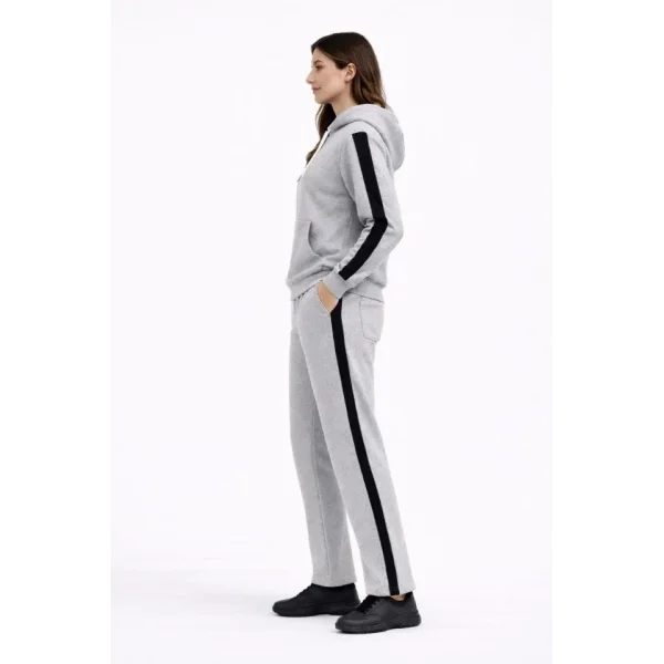 KADIN Yandan Şeritli Eşofman Takım Kapüşonlu Sweatshirt Boru Paça Alt, Oversize 3 Iplik Pamuklu - Gri