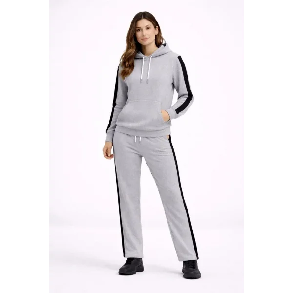 KADIN Yandan Şeritli Eşofman Takım Kapüşonlu Sweatshirt Boru Paça Alt, Oversize 3 iplik Pamuklu - Gri