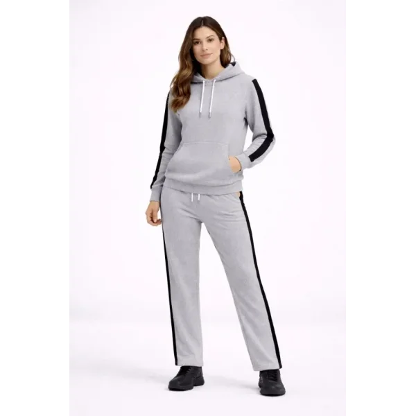 KADIN Yandan Şeritli Eşofman Takım Kapüşonlu Sweatshirt Boru Paça Alt, Oversize 3 Iplik Pamuklu - Gri