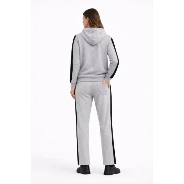 KADIN Yandan Şeritli Eşofman Takım Kapüşonlu Sweatshirt Boru Paça Alt, Oversize 3 Iplik Pamuklu - Gri