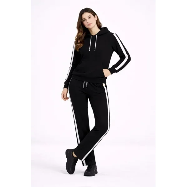 KADIN Yandan Şeritli Eşofman Takım Kapüşonlu Sweatshirt Boru Paça Alt, Oversize 3 Iplik Pamuklu - Siyah