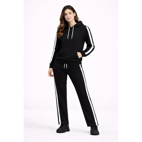 KADIN Yandan Şeritli Eşofman Takım Kapüşonlu Sweatshirt Boru Paça Alt, Oversize 3 iplik Pamuklu - Siyah