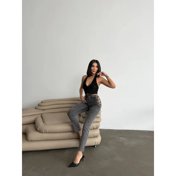 Kadın Yandan Zincir Ve Kuş Gözü Detaylı Jean Kot Pantolon