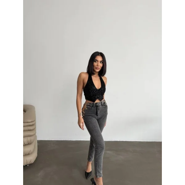 Kadın Yandan Zincir Ve Kuş Gözü Detaylı Jean Kot Pantolon