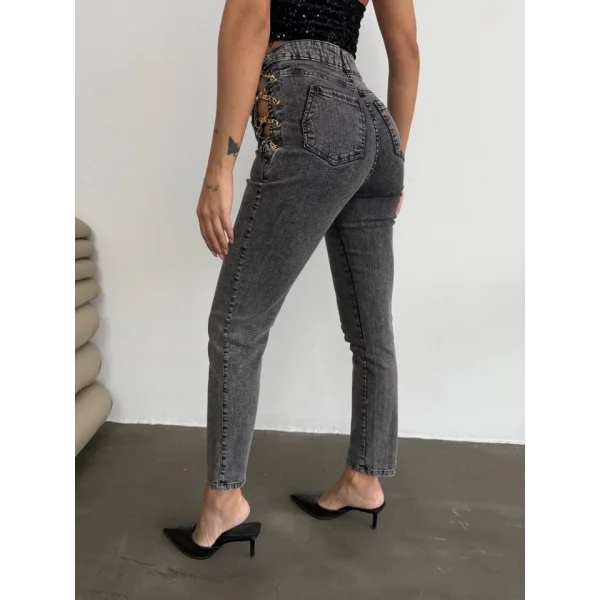 Kadın Yandan Zincir Ve Kuş Gözü Detaylı Jean Kot Pantolon