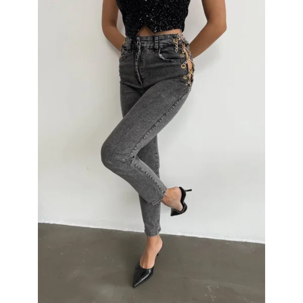 Kadın Yandan Zincir Ve Kuş Gözü Detaylı Jean Kot Pantolon