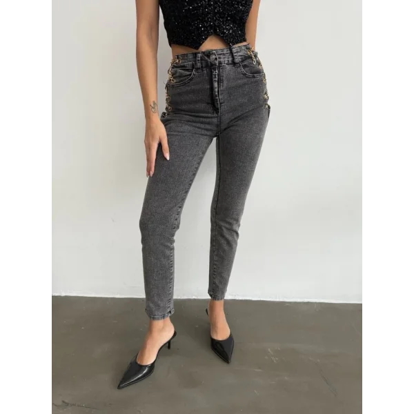 Kadın Yandan Zincir Ve Kuş Gözü Detaylı Jean Kot Pantolon