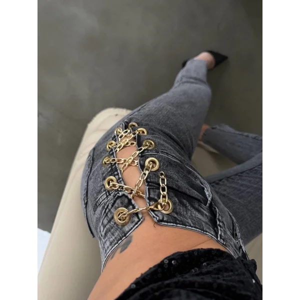 Kadın Yandan Zincir Ve Kuş Gözü Detaylı Jean Kot Pantolon