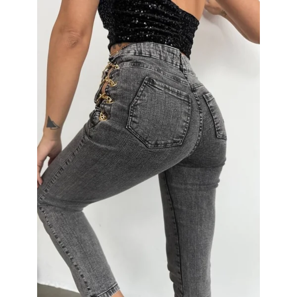 Kadın Yandan Zincir Ve Kuş Gözü Detaylı Jean Kot Pantolon