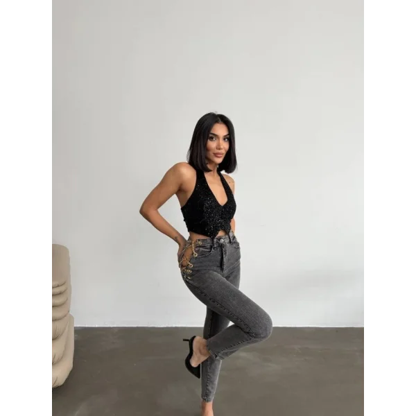 Kadın Yandan Zincir Ve Kuş Gözü Detaylı Jean Kot Pantolon