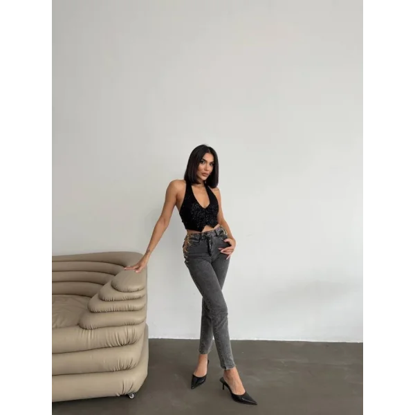 Kadın Yandan Zincir Ve Kuş Gözü Detaylı Jean Kot Pantolon