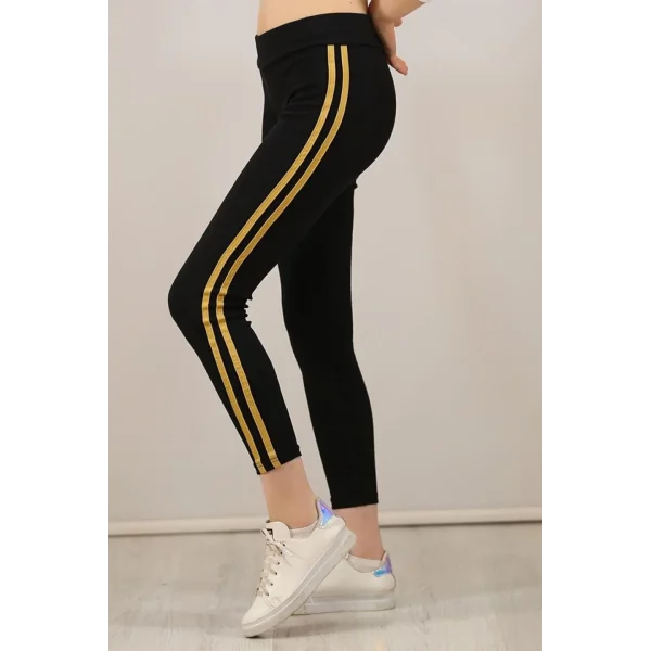 Kadın Yanı Sarı Şeritli Her Gardıropta Olması Gereken Tayt - Siyah