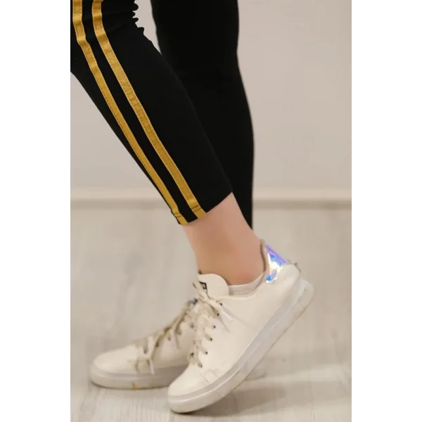 Kadın Yanı Sarı Şeritli Her Gardıropta Olması Gereken Tayt - Siyah