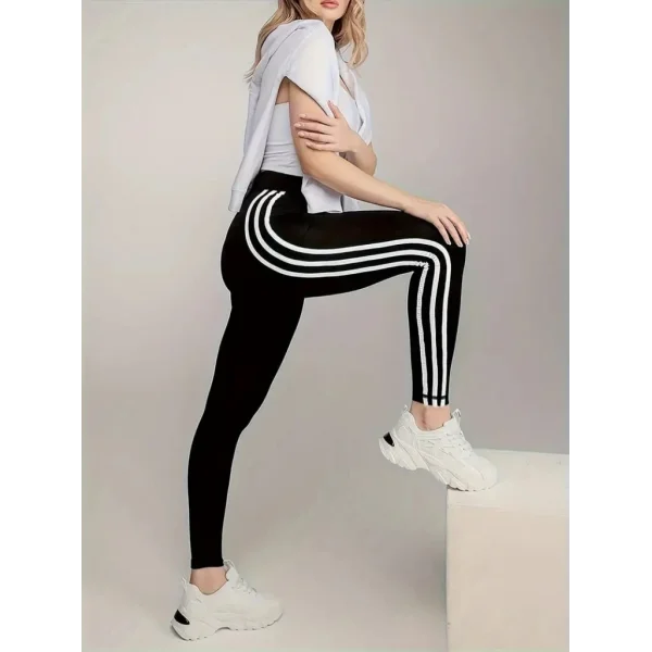 Kadın Yanları üç şerit çizgi Detaylı Yüksek Bel Toparlayıcı Dalgıç Spor Tayt