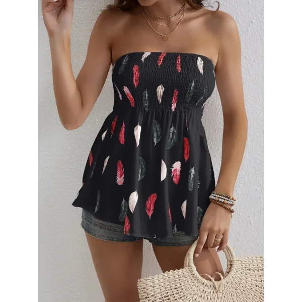 Kadın Yaprak Desenli Göğsü Gipeli Mosskrep Straplez Bluz