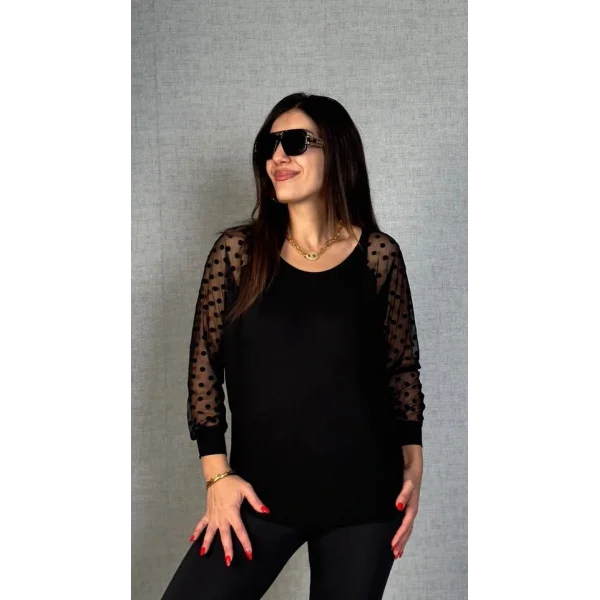 Kadın Yarasa Kol Puantiyeli Tül Detay Bluz