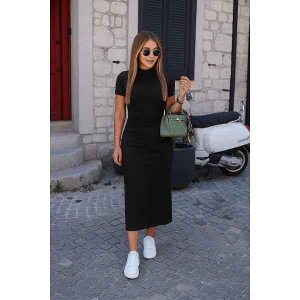 Kadın Yarı Balıkçı Yaka Yırtmaçlı Dalgıç Midi Elbise