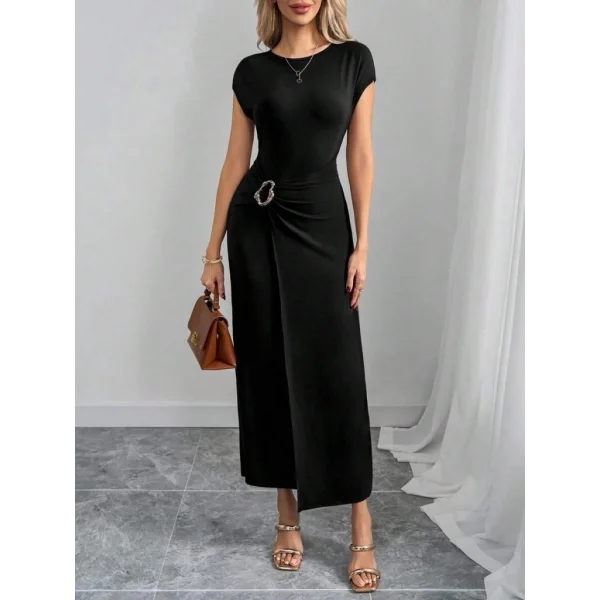 Kadın Yarım Ay Kollu Yuvarlak Yaka önünde Toka Detaylı Modal Maxi Elbise