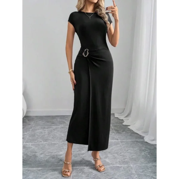 Kadın Yarım Ay Kollu Yuvarlak Yaka önünde Toka Detaylı Modal Maxi Elbise