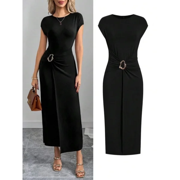 Kadın Yarım Ay Kollu Yuvarlak Yaka önünde Toka Detaylı Modal Maxi Elbise