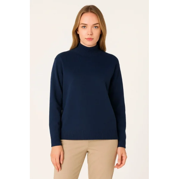 Kadın Yarım Boğaz Triko Kazak yumuşak dokulu Pamuklu ince Dokuma, uzun kollu Rahat Regular kalıp - Lacivert