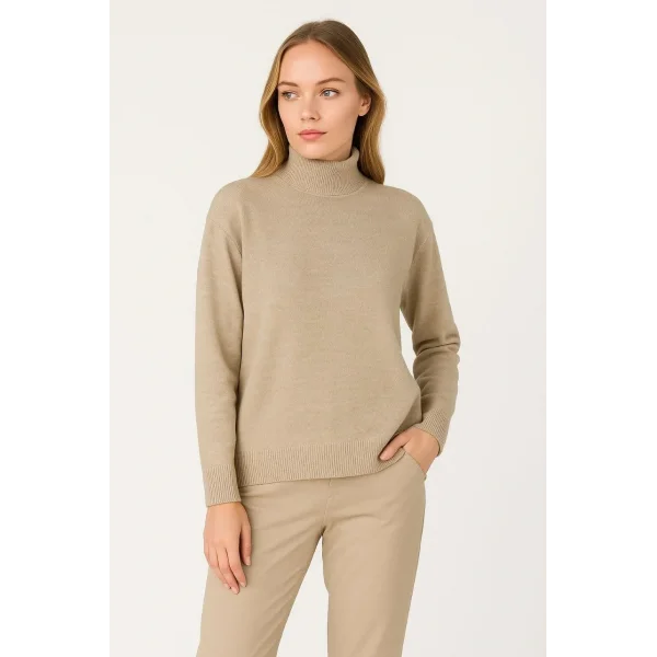 Kadın Yarım Boğaz Triko Kazak yumuşak dokulu Pamuklu ince Dokuma, uzun kollu Rahat Regular kalıp - Bej