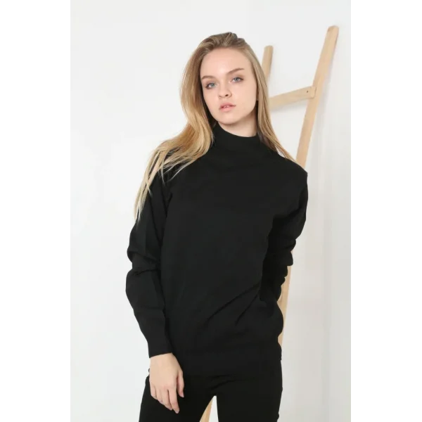 Kadın Yarım Boğaz Triko Kazak yumuşak dokulu Pamuklu ince Dokuma, uzun kollu Rahat Regular kalıp - Siyah