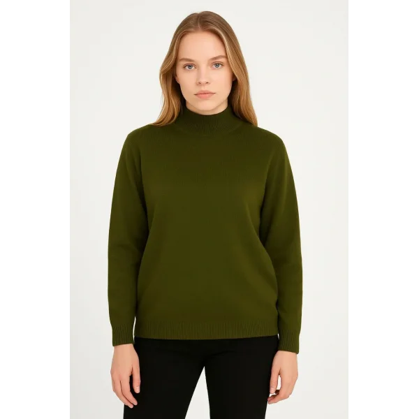 Kadın Yarım Boğaz Triko Kazak yumuşak dokulu Pamuklu ince Dokuma, uzun kollu Rahat Regular kalıp - Haki