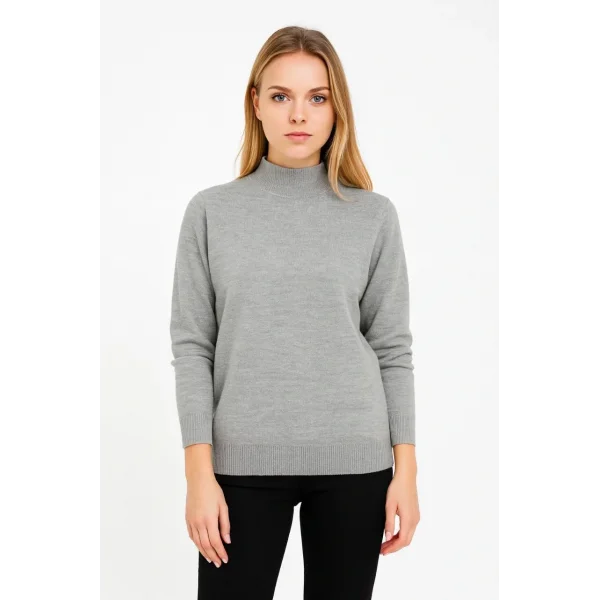 Kadın Yarım Boğaz Triko Kazak yumuşak dokulu Pamuklu ince Dokuma, uzun kollu Rahat Regular kalıp - Gri