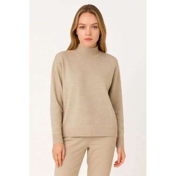 Kadın Yarım Boğaz Triko Kazak yumuşak dokulu Pamuklu ince Dokuma, uzun kollu Rahat Regular kalıp - Bej