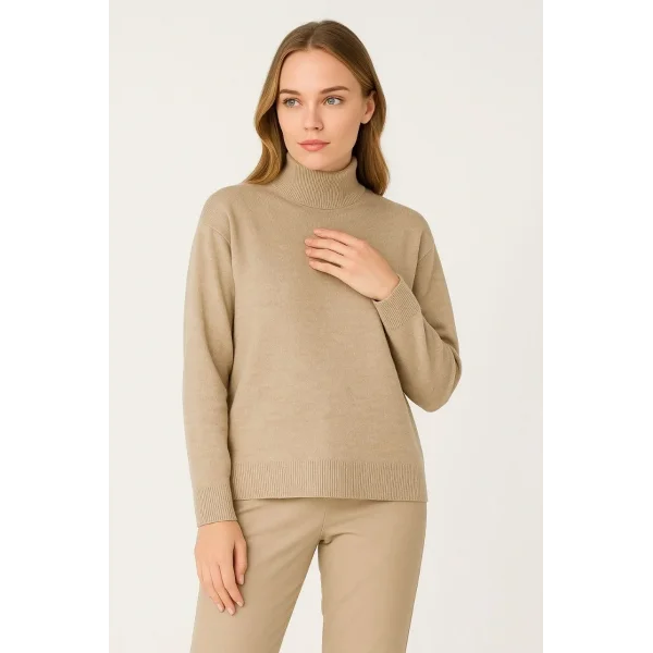 Kadın Yarım Boğaz Triko Kazak yumuşak dokulu Pamuklu ince Dokuma, uzun kollu Rahat Regular kalıp - Bej