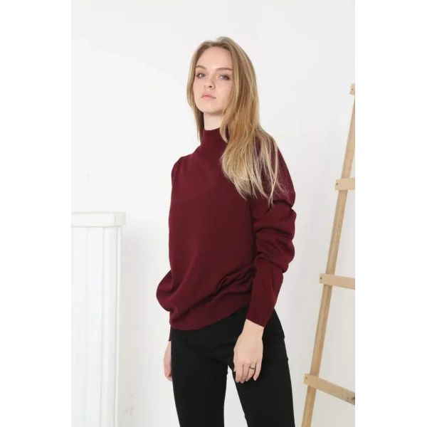 Kadın Yarım Boğaz Triko Kazak yumuşak dokulu Pamuklu ince Dokuma, uzun kollu Rahat Regular kalıp - Bordo