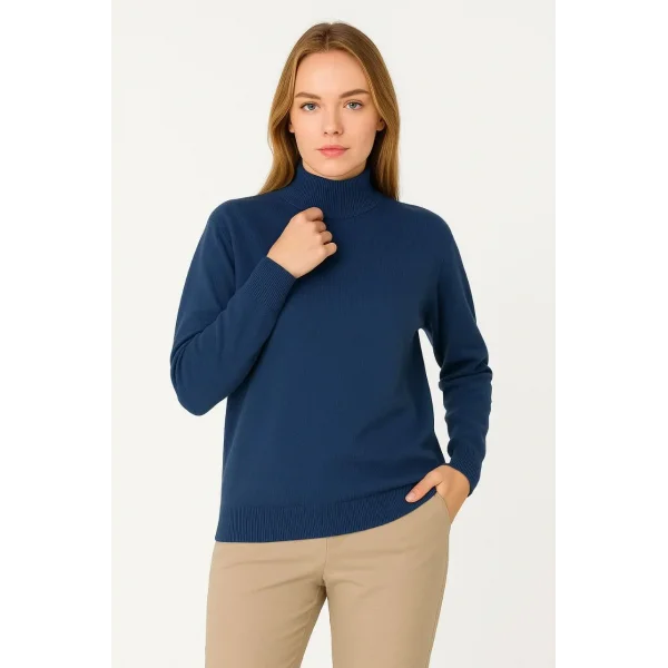 Kadın Yarım Boğaz Triko Kazak yumuşak dokulu Pamuklu ince Dokuma, uzun kollu Rahat Regular kalıp - İndigo