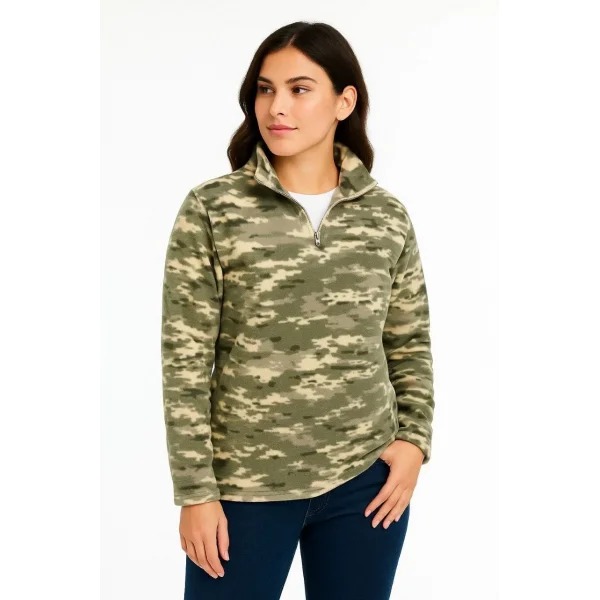 Kadın Yarım Fermuarlı Desenli Polar Sweat – Haki Kamuflaj Yakalı, Uzun Kollu, Oversize Rahat Kalıp - Haki