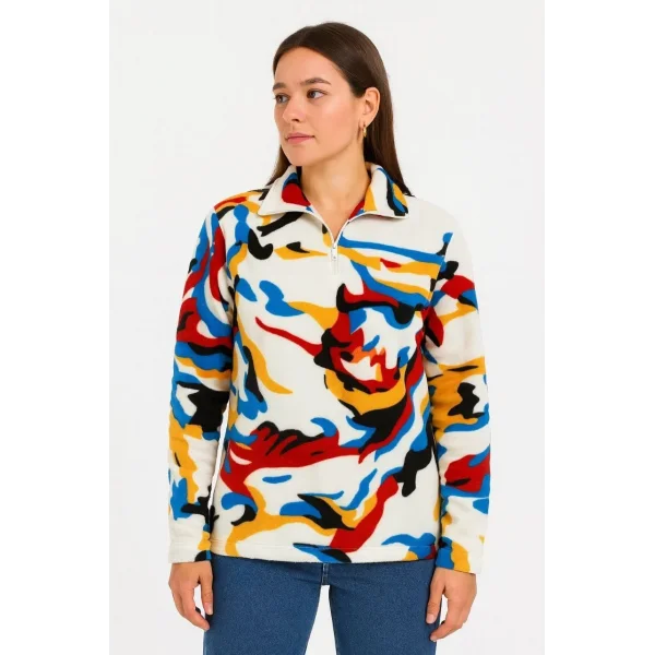 Kadın Yarım Fermuarlı Desenli Polar Sweat – Renkli Abstract Desen Yakalı, Uzun Kollu, Oversize Rahat Kalıp - Beyaz