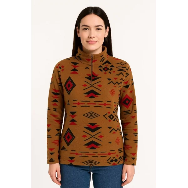 Kadın Yarım Fermuarlı Desenli Polar Sweat Tribal Etnik Desen Yakalı, Uzun Kollu, Oversize Rahat Kalıp - Kahverengi