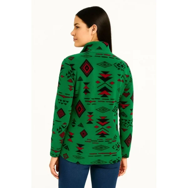 Kadın Yarım Fermuarlı Desenli Polar Sweat Tribal Etnik Desen Yakalı, Uzun Kollu, Oversize Rahat Kalıp - Yeşil