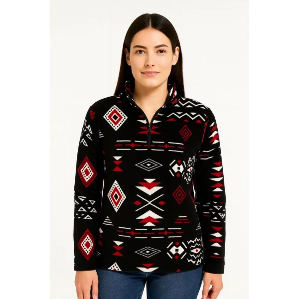 Kadın Yarım Fermuarlı Desenli Polar Sweat Tribal Etnik Desen Yakalı, Uzun Kollu, Oversize Rahat Kalıp - Siyah