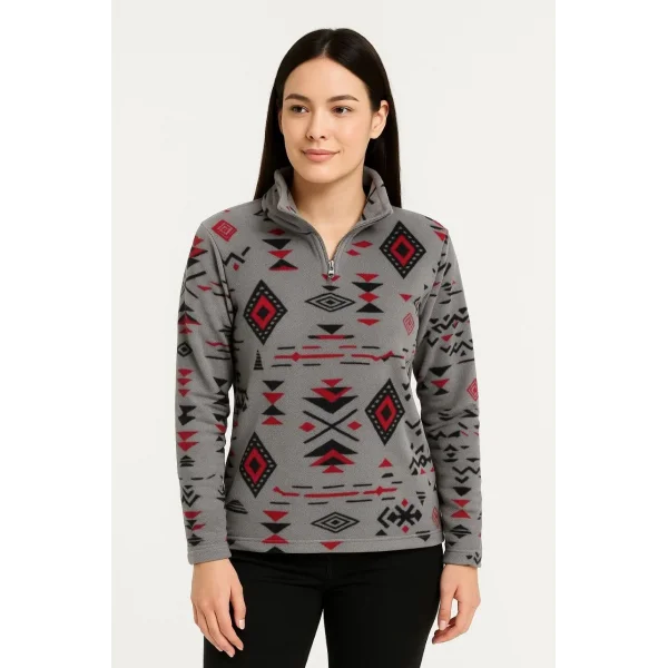 Kadın Yarım Fermuarlı Desenli Polar Sweat Tribal Etnik Desen Yakalı, Uzun Kollu, Oversize Rahat Kalıp - Füme