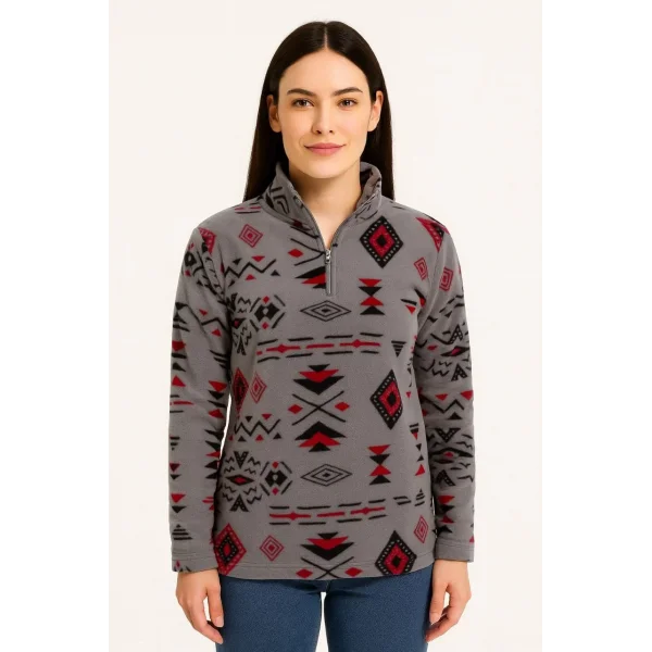 Kadın Yarım Fermuarlı Desenli Polar Sweat Tribal Etnik Desen Yakalı, Uzun Kollu, Oversize Rahat Kalıp - Füme