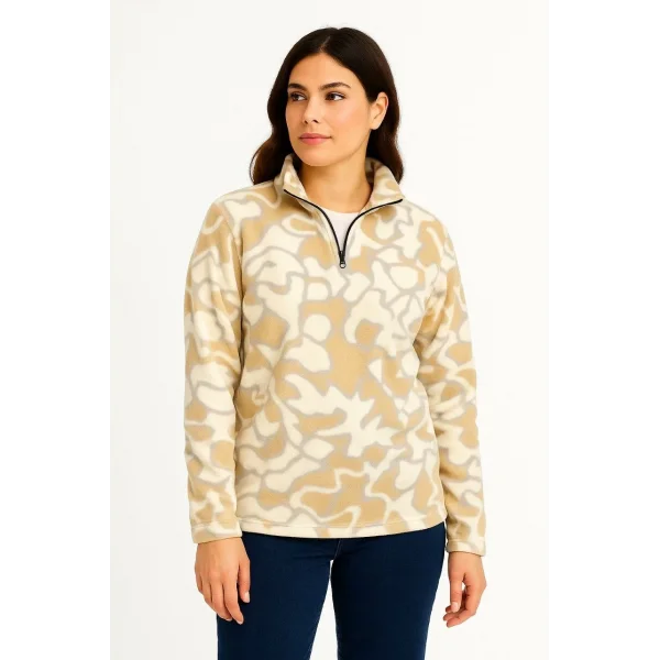 KADIN Yarım Fermuarlı Desenli Polar Sweat Yakalı, Uzun Kollu, Oversize Rahat Kalıp - Bej