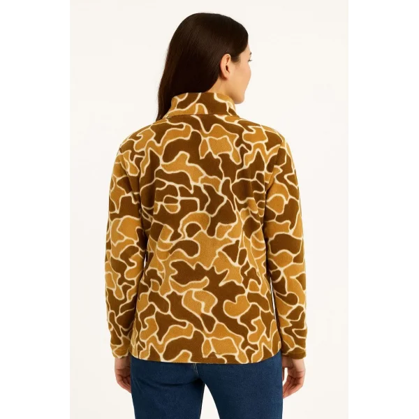 KADIN Yarım Fermuarlı Desenli Polar Sweat Yakalı, Uzun Kollu, Oversize Rahat Kalıp - Kahverengi