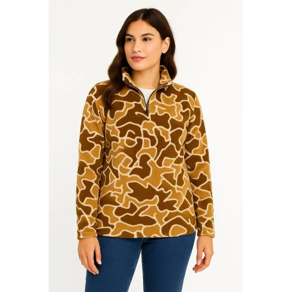 KADIN Yarım Fermuarlı Desenli Polar Sweat Yakalı, Uzun Kollu, Oversize Rahat Kalıp - Kahverengi