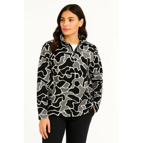 KADIN Yarım Fermuarlı Desenli Polar Sweat Yakalı, Uzun Kollu, Oversize Rahat Kalıp - Siyah