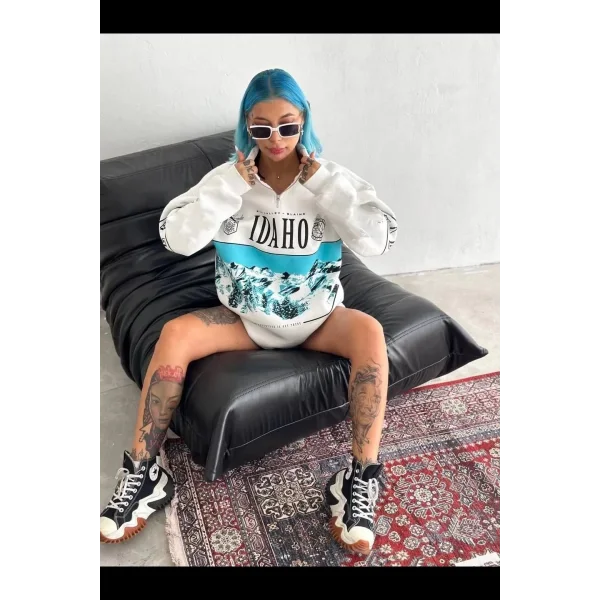 Kadın Yarım Fermuarlı Oversize Baskılı SweatShirt - Beyaz