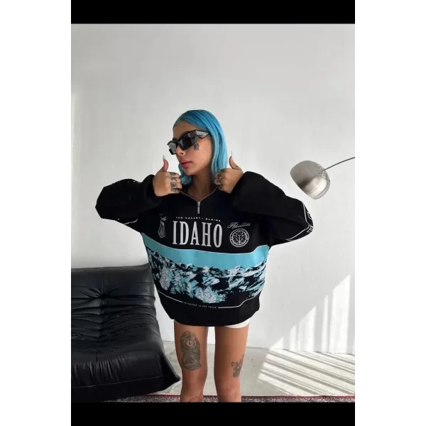 Kadın Yarım Fermuarlı Oversize Baskılı SweatShirt - Siyah