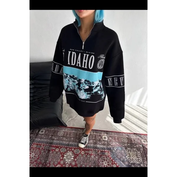 Kadın Yarım Fermuarlı Oversize Baskılı SweatShirt - Siyah